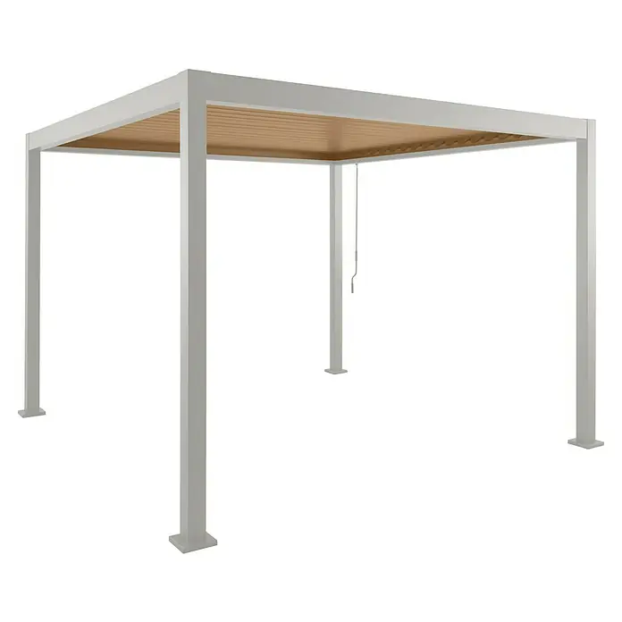 Sunfun Milos Pergola - B x T: 294 x 294 cm, Farbe Gestell: Light-Greige, Aluminium - Abbildung einer modernen, freistehenden Pergola mit Lamellendach und stabilen Pfosten, ideal für den Außenbereich.