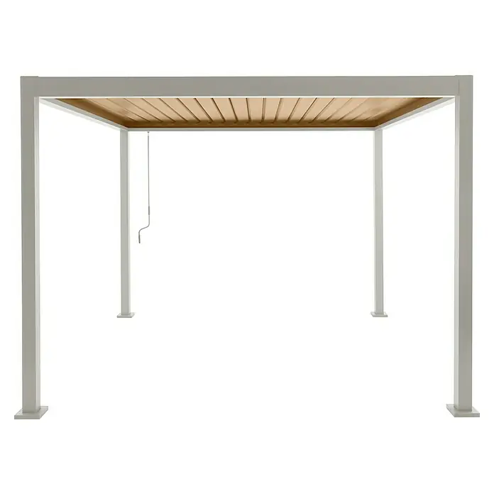 Sunfun Milos Pergola - B x T: 294 x 294 cm, Farbe Gestell: Light-Greige, Aluminium - Diese Abbildung zeigt eine stilvolle, moderne weiße Terrassenüberdachung mit einer Lamellendecke, die einen schattigen und eleganten Außenbereich schafft.