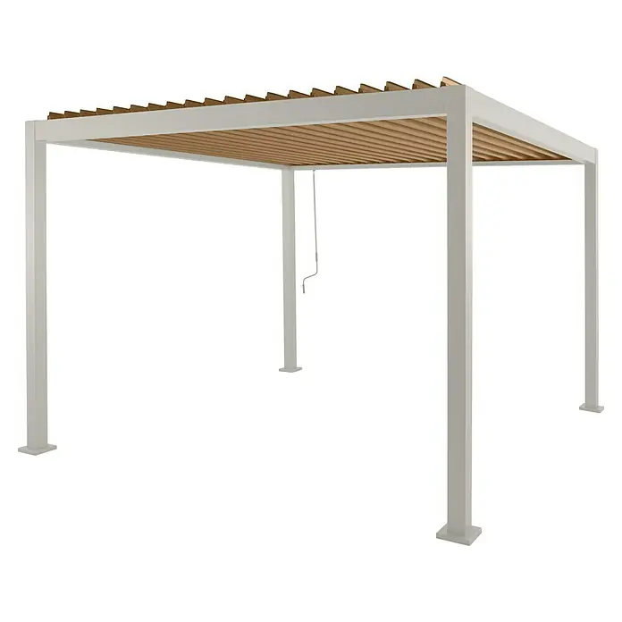 Sunfun Loungemöbel-Set Solo Rope/Milos - 5 -tlg., Aluminium/PVC/Fiberglas/Olefin, Light-Greige - Modernes Pergola-Design mit weißem Rahmen und Holzlamellen für den Außenbereich.