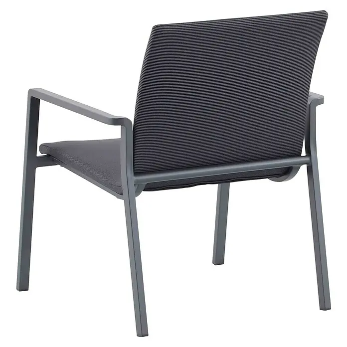 Sunfun Lumar Loungesessel - L x B x H: 64 x 78,5 x 67 cm, Aluminium, Textil, Night-Grey - Rückansicht eines modernen grauen Sessels mit Armlehnen und horizontal gestreifter Rückenlehne. Der Sessel hat ein schlichtes, zeitgemäßes Design.