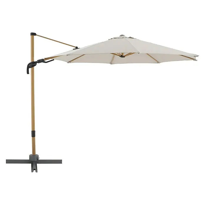 Sunfun Ampelschirm rund Capri - Beige, Durchmesser Bespannung: 300 cm - Ein stilvoller, cremefarbener Ampelschirm mit Holzrahmen und stabilem Standfuß. Ideal für Schatten und Entspannung im Garten oder auf der Terrasse.