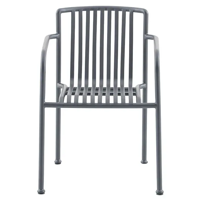 Sunfun Sarah Stapelsessel - Stapelbar, Night-Grey, B x T x H: 59 x 80 x 57 cm - Grauer Metallstuhl mit Armlehnen und vertikalen Streben. Das Möbelstück ist modern und schlicht gestaltet.