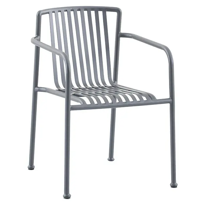 Sunfun Sarah Stapelsessel - Stapelbar, Night-Grey, B x T x H: 59 x 80 x 57 cm - Grauer Stuhl mit Armlehnen und Lattenstruktur. Das Design des Stuhls ist schlicht und modern, ideal für den Innen- und Außenbereich.