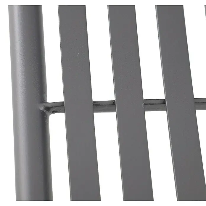 Sunfun Sarah Stapelsessel - Stapelbar, Night-Grey, B x T x H: 59 x 80 x 57 cm - Detailansicht eines grauen Metallgestells mit vertikalen Streben, verbunden durch eine runde Stütze. Fokus auf die Schweißverbindungen.