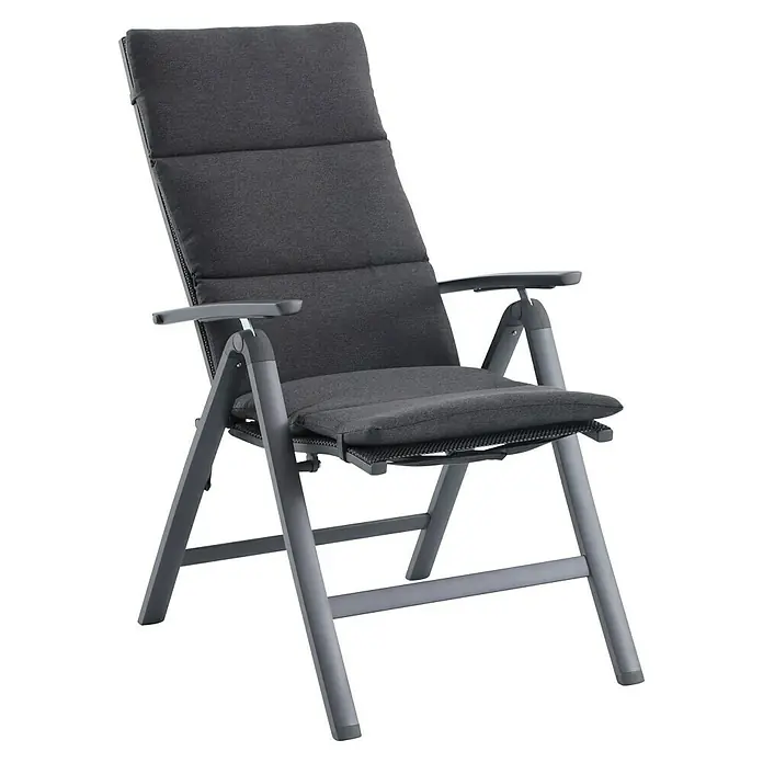 Sunfun Maja Gartenmöbel-Set - 13 -tlg., Aluminium, Eschenholz, Textilen, Olefin, Braun, Schwarz, Night-Grey - Grauer Klappstuhl mit bequemen Polstern für entspanntes Sitzen im Garten oder auf der Terrasse. Perfekt zum Relaxen im Freien.