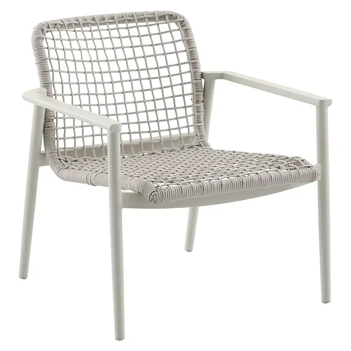 Sunfun Loungemöbel-Set Solo Rope XVII - 6 -tlg., Aluminium/Polyrattan/Olefin, Light-Greige - Weißer Sessel mit geflochtener Sitzfläche und Rückenlehne. Der Sessel hat ein modernes und leichtes Design.