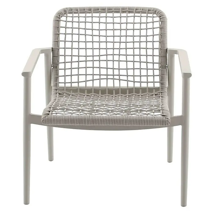 Sunfun Solo Rope Loungesessel - B x T x H: 69,5 x 74 x 72 cm, Aluminium, Kunststoff, Light-Greige - Nahaufnahme eines weißen Korbsessels mit Armlehnen und quadratischer Rückenlehne, der Komfort und Stil vereint.