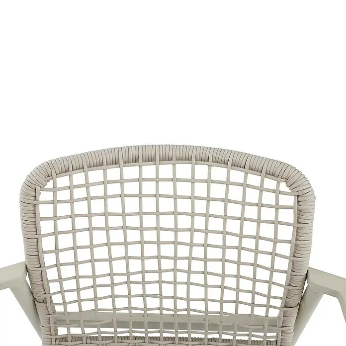 Sunfun Solo Rope Loungesessel - B x T x H: 69,5 x 74 x 72 cm, Aluminium, Kunststoff, Light-Greige - Detailansicht eines Korbsessels mit Fokus auf das geflochtene Design der Rückenlehne, ideal für Garten oder Terrasse.