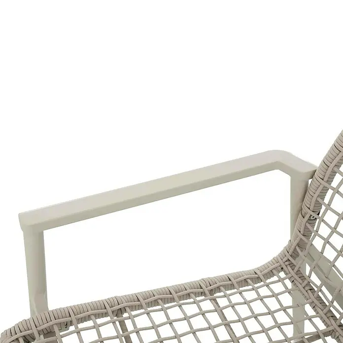Sunfun Solo Rope Loungesessel - B x T x H: 69,5 x 74 x 72 cm, Aluminium, Kunststoff, Light-Greige - Detailaufnahme eines stilvollen Korbstuhls mit cremefarbenem Rahmen, der Komfort und Design vereint.