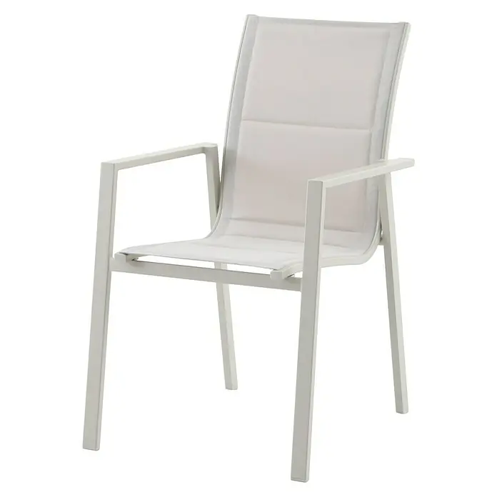 Sunfun Gartenmöbel-Set Maja - 7 -tlg., Light-Greige, Ausziehbar, Tisch (Lx B x H): 200-300 x 100 x 74 cm, Stuhl (B x T x H): 56,5 x 66 x 91 cm - Dieser elegante weiße Armlehnstuhl besticht durch sein modernes Design und seine minimalistische Ästhetik, ideal für stilvolle Innen- und Außenbereiche.