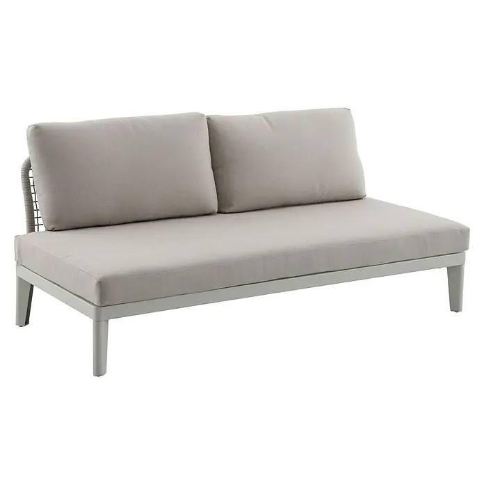 Sunfun Loungemöbel-Set Solo Rope/Solo - 4 -tlg., Aluminium, Polywood, Olefin, Light-Greige - Hellgraues Zweisitzer-Sofa mit weichen Kissen und weißem Rahmen. Das Sofa lädt zum Entspannen im Freien ein.