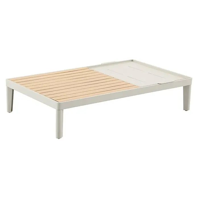 Sunfun Solo Loungemöbel-Set - 5 -tlg., Aluminium, Olefin, Light-Greige - Ein rechteckiger Couchtisch mit einer Holzlattenseite und einer glatten Oberfläche, ideal für den Außenbereich.