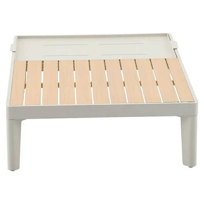 Sunfun Solo Garten-Couchtisch - L x B x H: 120 x 72 x 26 cm, Aluminium, abnehmbares Tablett, Light-Greige - Elegantes Outdoor-Couchtisch-Design mit hellen Holzlatten und weißem Rahmen, ideal für stilvolle Terrassen und Gärten.