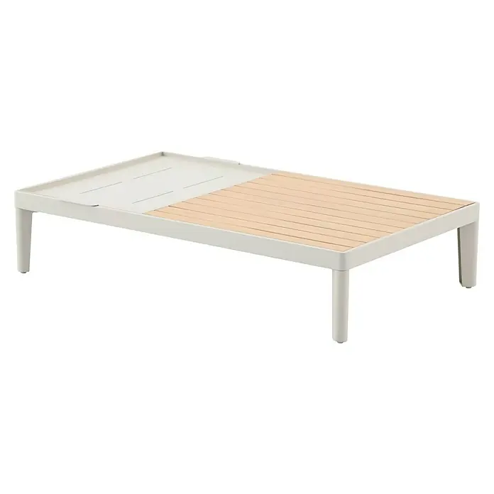 Sunfun Solo Garten-Couchtisch - L x B x H: 120 x 72 x 26 cm, Aluminium, abnehmbares Tablett, Light-Greige - Der moderne Couchtisch mit weißem Rahmen und Holzplatte ist ein stilvolles Möbelstück für jedes Wohnzimmer.