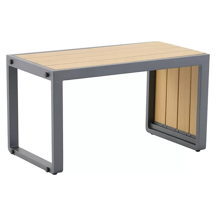 Sunfun Loungemöbel-Set Lumar/Solo - 5 -tlg., Aluminium, Teak, Night-Grey - Moderne Gartenbank mit grauem Metallrahmen und heller Holzlattenplatte sowie Seitenverkleidung, mit sichtbaren Befestigungselementen.