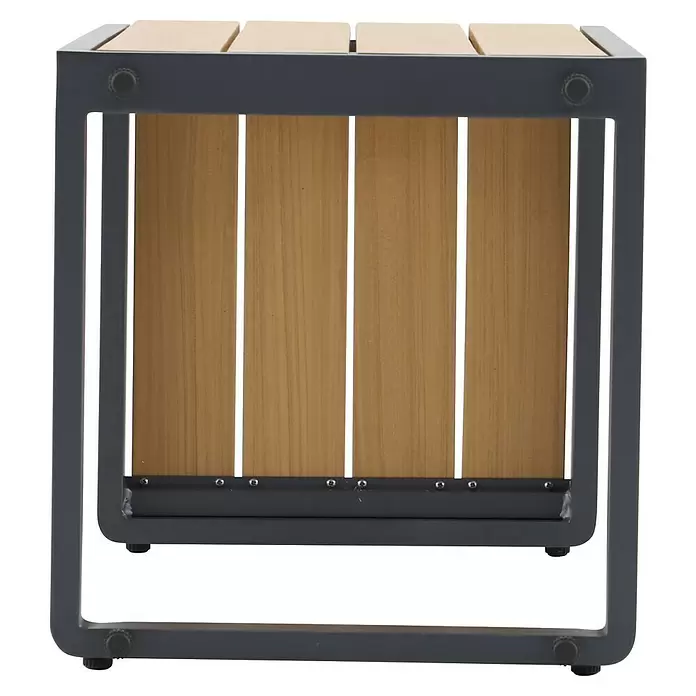 Sunfun Solo Garten-Beistelltisch - L x B x H: 77 x 41,5 x 45 cm, Aluminium, Night-Grey - Kleiner Hocker mit grauem Metallrahmen und hellen Holzlatten.