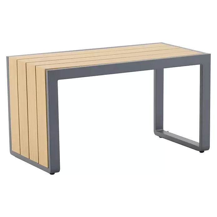 Sunfun Solo Garten-Beistelltisch - L x B x H: 77 x 41,5 x 45 cm, Aluminium, Night-Grey - Moderne Bank mit hellen Holzlatten und grauem U-förmigem Metallgestell.