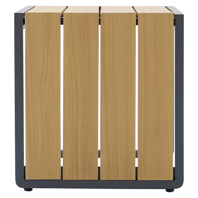 Sunfun Solo Garten-Beistelltisch - L x B x H: 77 x 41,5 x 45 cm, Aluminium, Night-Grey - Helles Holzlamellen-Paneel in dunkelgrauem Metallrahmen, wahrscheinlich eine Möbel-Seiten- oder Rückwand.