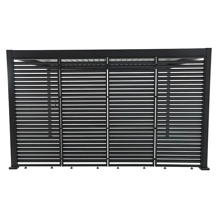 Sunfun Milos Pared lateral de pérgola - An x Al: 92 x 221,5 cm, Antracita - Un primer plano de una moderna valla de lamas negra, perfecta para jardines o patios. El diseño ofrece privacidad y una apariencia elegante.