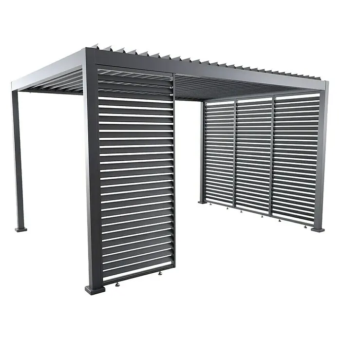 Sunfun Milos Pared lateral de pérgola - An x Al: 92 x 221,5 cm, Antracita - Primer plano de una pérgola de lamas grises con listones ajustables que brindan sombra y privacidad. La pérgola es un complemento moderno para cualquier espacio exterior.