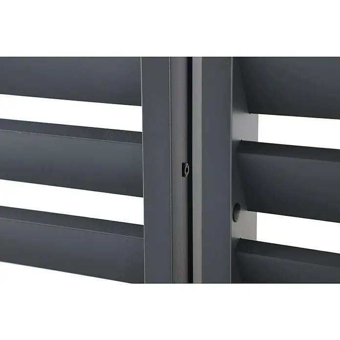 Sunfun Milos Pavillon-Seitenwand Lamellen - B x H: 92 x 221,5 cm, Night-Grey - Detailaufnahme einer modernen, grauen Lamellenfassade, die durch ihre klaren Linien und die präzise Verarbeitung besticht.