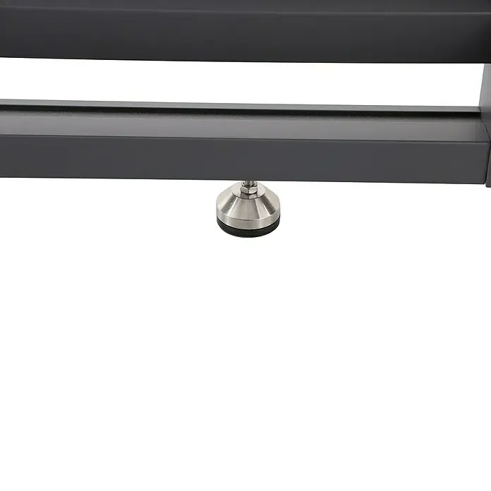 Sunfun Milos Pavillon-Seitenwand Lamellen - B x H: 92 x 221,5 cm, Night-Grey - Detailansicht eines verstellbaren Möbelfußes aus Metall und Gummi, der an einem schwarzen Möbelstück befestigt ist.