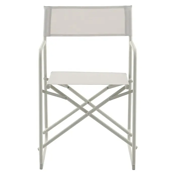 Sunfun Sarah Gartenstuhl - Aluminium, Textil, Klappbar, Light-Greige, B x T x H: 56 x 52,5 x 81 cm - Nahaufnahme eines weißen Regiestuhls mit Stoffbespannung und X-förmigem Gestell auf schwarzem Hintergrund, der Komfort und Funktionalität vereint.