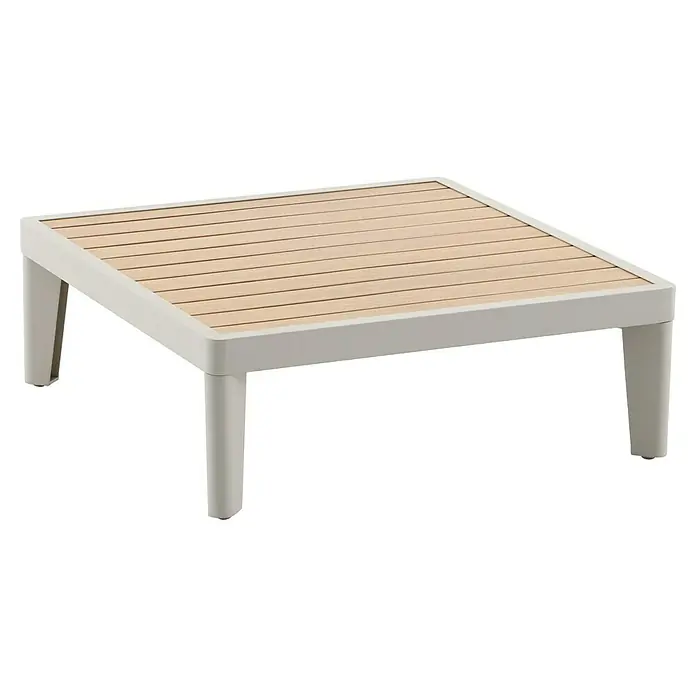 Sunfun Solo Loungemöbel-Set - 2 -tlg., Aluminium, Olefin, Light-Greige - Quadratischer Couchtisch mit Holzlattenplatte und hellgrauem Rahmen.