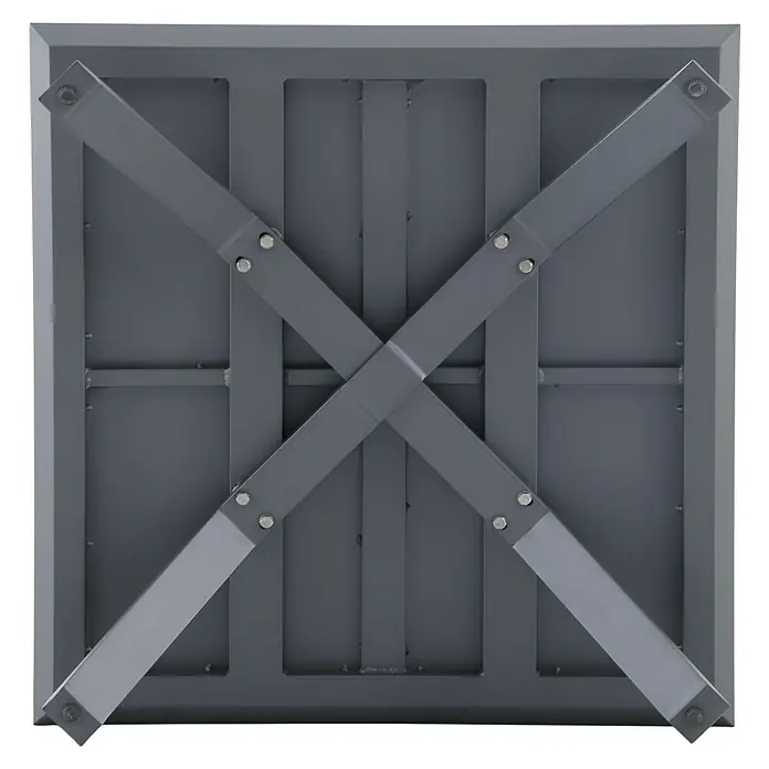 Sunfun Lumar Garten-Couchtisch - L x B x H: 80 x 80 x 27 cm, Aluminium, Night-Grey - Nahaufnahme einer quadratischen Metallpalette mit kreuzförmigen Verstrebungen, die Stabilität und Haltbarkeit für den Transport schwerer Lasten gewährleistet.