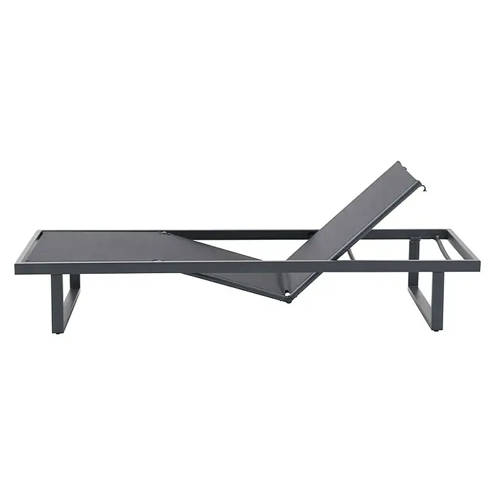 Sunfun Lumar Gartenliege - L x B: 200 x 72,5 cm, Night-Grey, Aluminium, Rückenlehne verstellbar - Eine moderne, verstellbare Sonnenliege mit einem schlanken, grauen Rahmen und einer bequemen Liegefläche für entspannte Stunden im Freien.