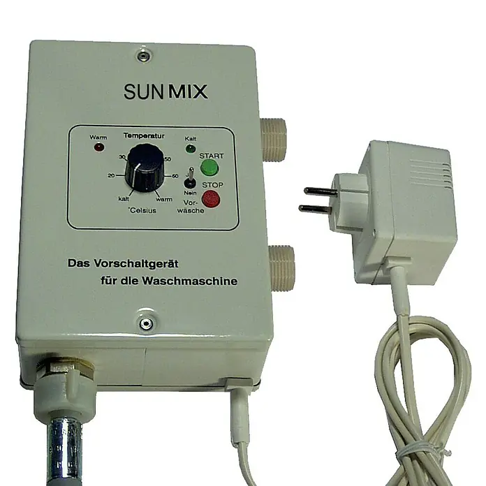 Sunset Waschmaschinen-Vorschaltgerät - Geeignet für: Fast alle Waschmaschinen - Das SUN MIX Vorschaltgerät für die Waschmaschine. Das Gerät hat Temperaturregler, Start/Stop-Knöpfe und einen Stecker für den Stromanschluss.