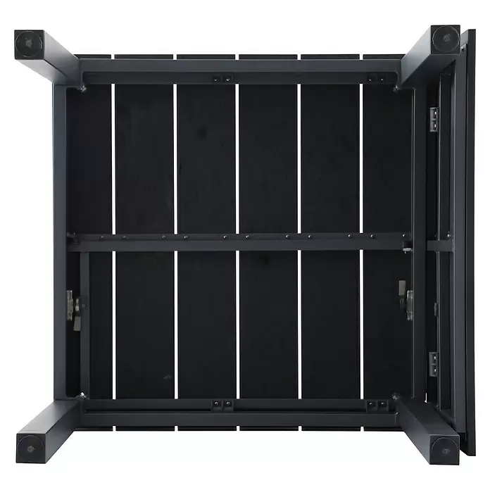Sunfun Maja Gartentisch - L x B x H: 75 x 74,5 x 75 cm, Aluminium, Polywood, Night-Grey, Ausziehbar - Unterseite eines schwarzen Metall-Lattenrosttisches mit Vierkantbeinen und Kunststoffkappen.