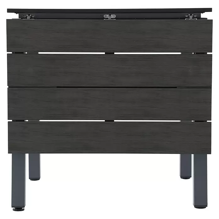 Sunfun Maja Gartentisch - L x B x H: 75 x 74,5 x 75 cm, Aluminium, Polywood, Night-Grey, Ausziehbar - Dunkelgraue, lattenförmige Outdoor-Aufbewahrungsbox mit schwarzem Klappdeckel und grauen Beinen.