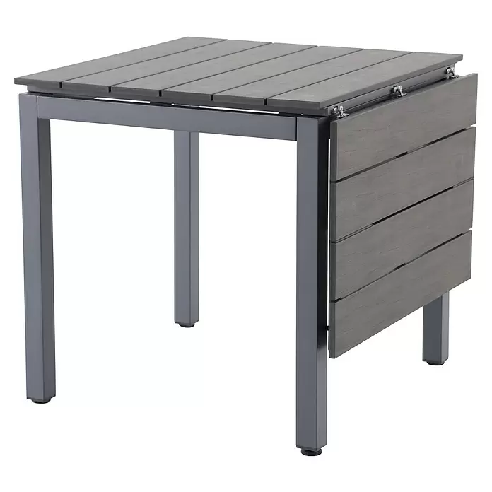 Sunfun Maja Gartentisch - L x B x H: 75 x 74,5 x 75 cm, Aluminium, Polywood, Night-Grey, Ausziehbar - Quadratischer grauer Tisch mit Lamellenplatte und grauen Metallbeinen, eine Seite mit heruntergeklappter Platte.