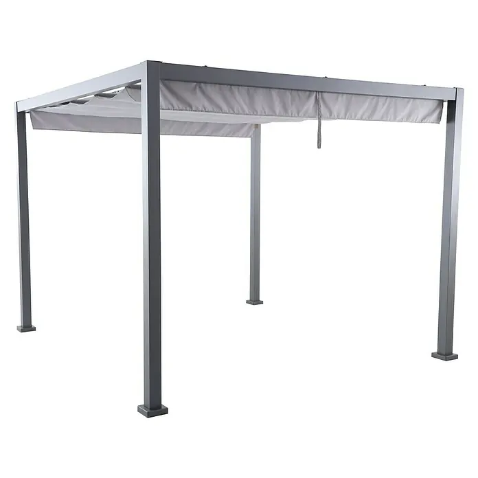 Sunfun Milos Raffpavillon - L x B x H: 294 x 294 x 231,5 cm, Farbe Gestell: Night-Grey - Silberne Pergola mit Stoffdach. Perfekt, um einen schattigen und stilvollen Außenbereich zu schaffen. Die Pergola bietet Schutz vor Sonne.