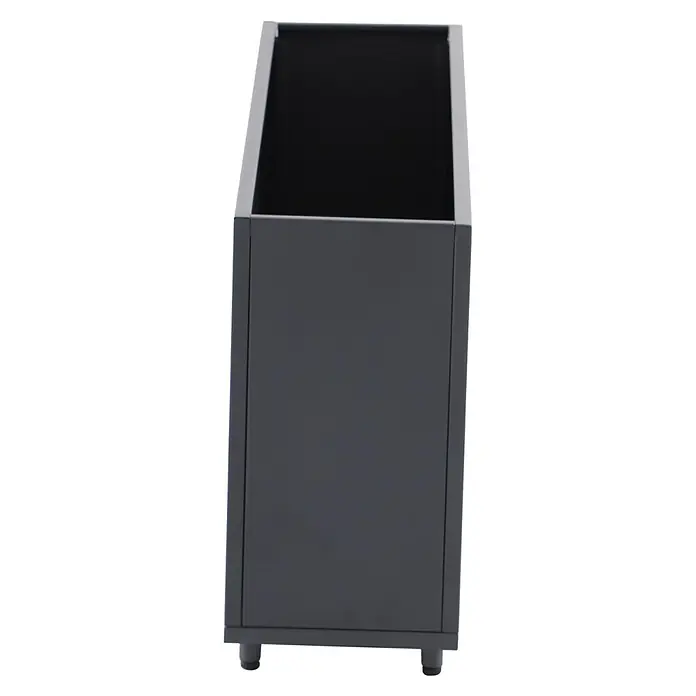 Sunfun Lumar Pflanzkübel eckig - Außenmaß (L x B x H): 89 x 23 x 45 cm, Stahl, Night-Grey - Ein grauer Pflanzkasten mit silberfarbenem Rand und kleinen Füßen. Der Pflanzkasten ist leer und bietet Platz für Pflanzen.