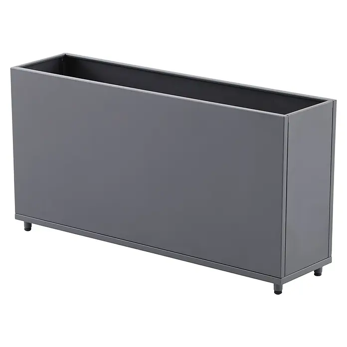 Sunfun Lumar Pflanzkübel eckig - Außenmaß (L x B x H): 89 x 23 x 45 cm, Stahl, Night-Grey - Ein rechteckiger, grauer Pflanzkasten aus Metall mit einem schlichten Design und kleinen Füßen für den Außenbereich.