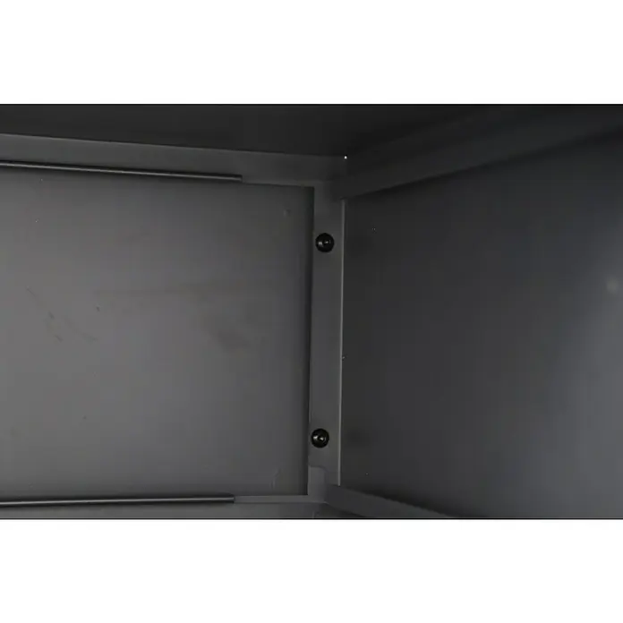 Sunfun Lumar Pflanzkübel eckig - Außenmaß (L x B x H): 89 x 23 x 45 cm, Stahl, Night-Grey - Innenansicht eines grauen Metallschranks mit Regalböden und Schrauben zur Befestigung der Elemente, die Stabilität und Funktionalität bieten.