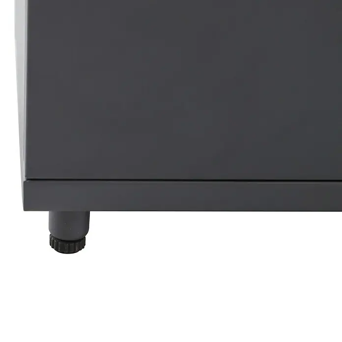 Sunfun Lumar Pflanzkübel eckig - Außenmaß (L x B x H): 89 x 23 x 45 cm, Stahl, Night-Grey - Detailaufnahme eines modernen grauen Schranks mit Fokus auf dem verstellbaren Fuß, der für Stabilität sorgt.