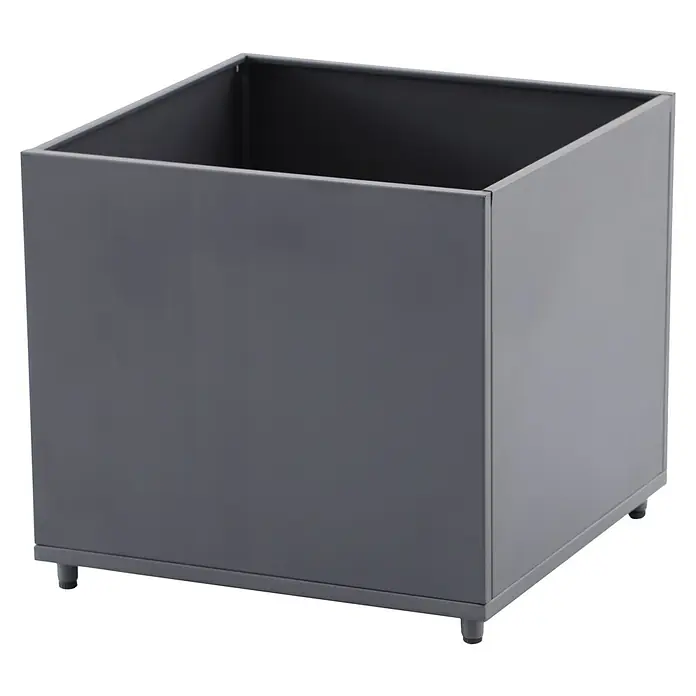Sunfun Lumar Pflanzkübel eckig - Außenmaß (L x B x H): 50 x 50 x 45 cm, Stahl, Night-Grey - Ein quadratischer, anthrazitfarbener Pflanzkasten aus Metall mit minimalistischem Design und stabilen Füßen für den Innen- und Außenbereich.
