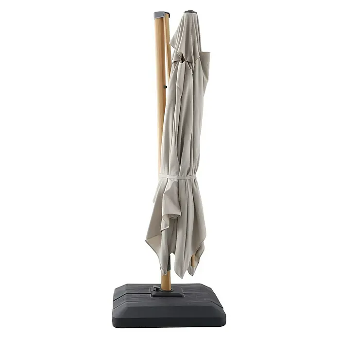 Sunfun Ampelschirm Capri - Beige, 300 x 350 cm, Aluminium - Ein geschlossener Sonnenschirm mit Holzstiel und grauem Stoffbezug auf einem dunklen, stabilen Sockel.