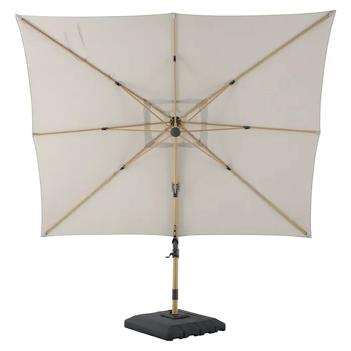 Sunfun Ampelschirm Capri - Beige, 300 x 350 cm, Aluminium - Ansicht des rechteckigen Sonnenschirms mit Holzgestell und beigem Schirmstoff. Perfekt für den Garten.