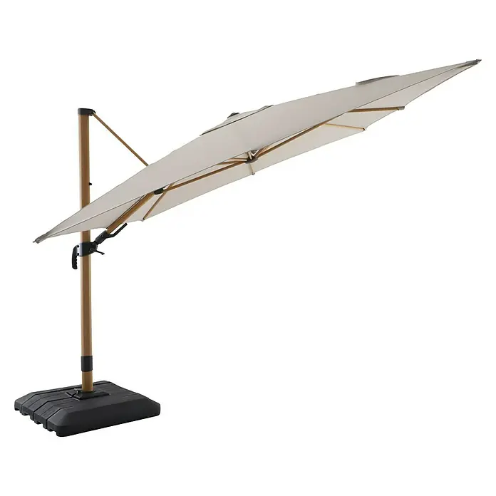 Sunfun Ampelschirm Capri - Beige, 300 x 350 cm, Aluminium - Ein beiger Ampelschirm mit einem stabilen, dunklen Sockel für den Garten oder die Terrasse.