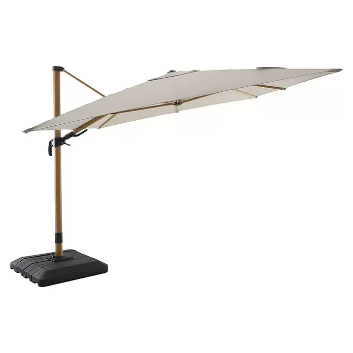 Sunfun Parasol de jardín Capri - Crudo, 300 x 350 cm, Aluminio - Sombrilla excéntrica beige claro con mástil de efecto madera y base negra.