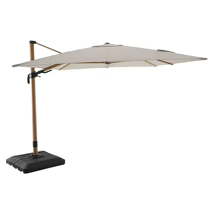 Sunfun Loungemöbel-Set Solo Rope/Capri - 6 -tlg., Aluminium/Polyrattan/Olefin, Light-Greige - Beiger Freischirm mit Holzoptik-Mast und dunklem, stabilem Sockel.