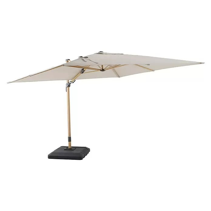 Sunfun Parasol de jardín Capri - Crudo, 300 x 350 cm, Aluminio - Sombrilla beige clara con poste de madera y base cuadrada oscura.