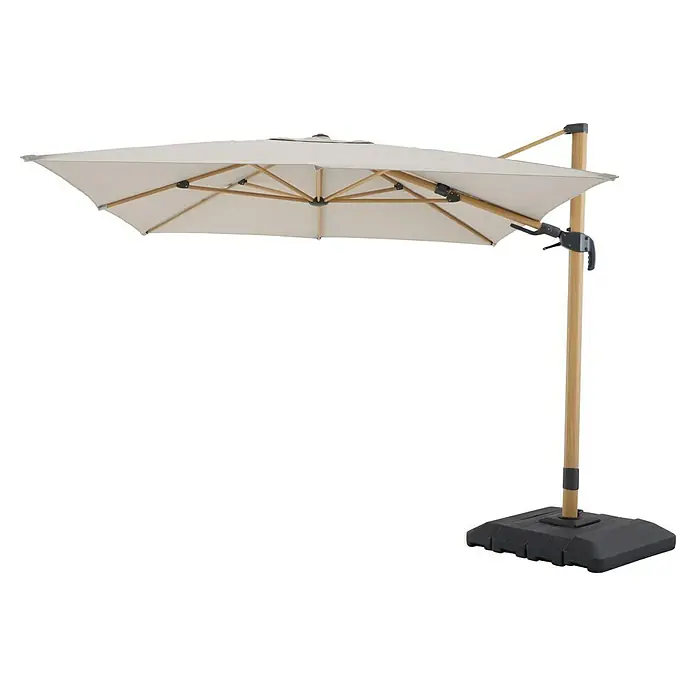 Sunfun Ampelschirm Capri - Beige, 300 x 350 cm, Aluminium - Detailaufnahme eines quadratischen Ampelschirms mit hellem Schirmtuch und braunem Gestell auf schwarzem Sockel, ideal für Garten und Terrasse.