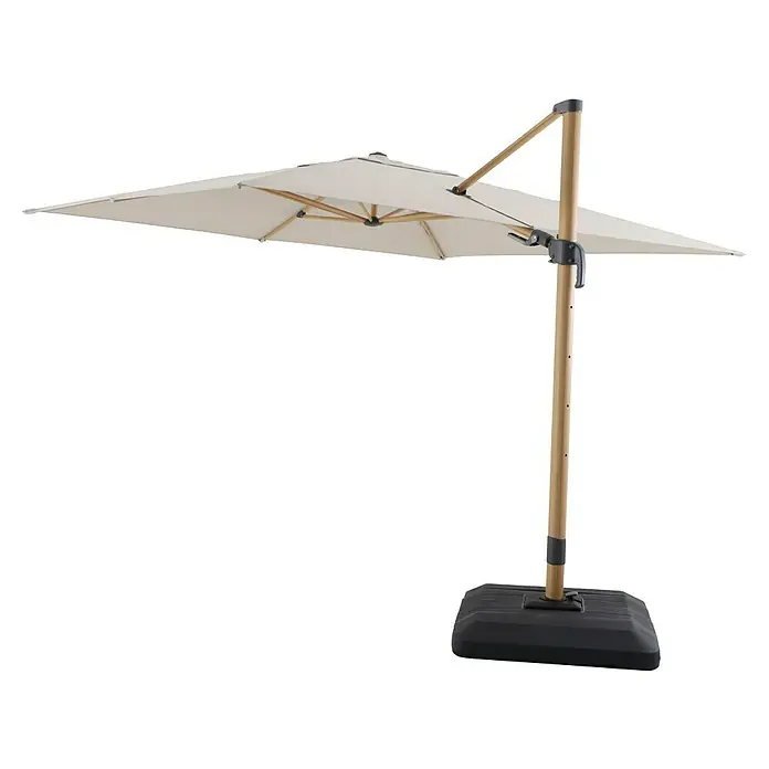 Sunfun Parasol de jardín Capri - Crudo, 300 x 350 cm, Aluminio - Sombrilla beige cuadrada con soporte lateral de madera robusta y base negra sólida, ideal para dar sombra en exteriores.