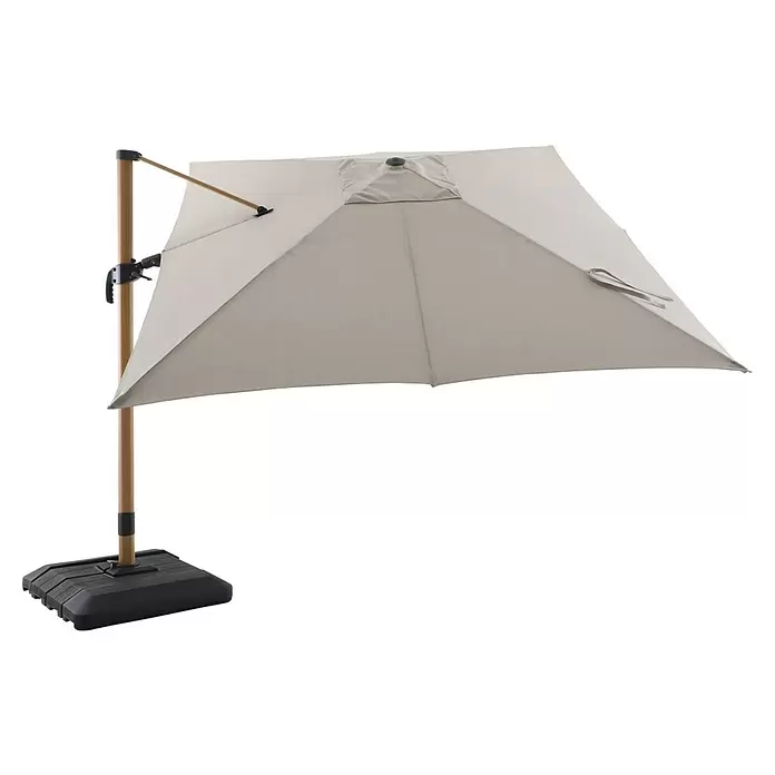 Sunfun Ampelschirm Capri - Beige, 300 x 350 cm, Aluminium - Beiger Ampelschirm mit holzfarbenem Mast und dunkelgrauem Sockel, spendet Schatten.