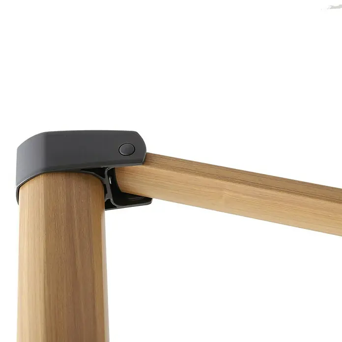 Sunfun Ampelschirm Capri - Beige, 300 x 350 cm, Aluminium - Detailansicht eines Holzrahmens mit einem grauen Eckverbinder, der Stabilität und modernes Design vereint. Perfekt für Möbelbau.